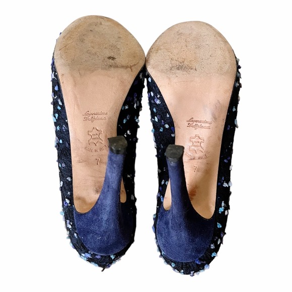 BUTTER Blue Fabric Leather Pumps Round Toe Swiss Dot Bow Stiletto Heels US 7 EUC - Picture 5 of 10